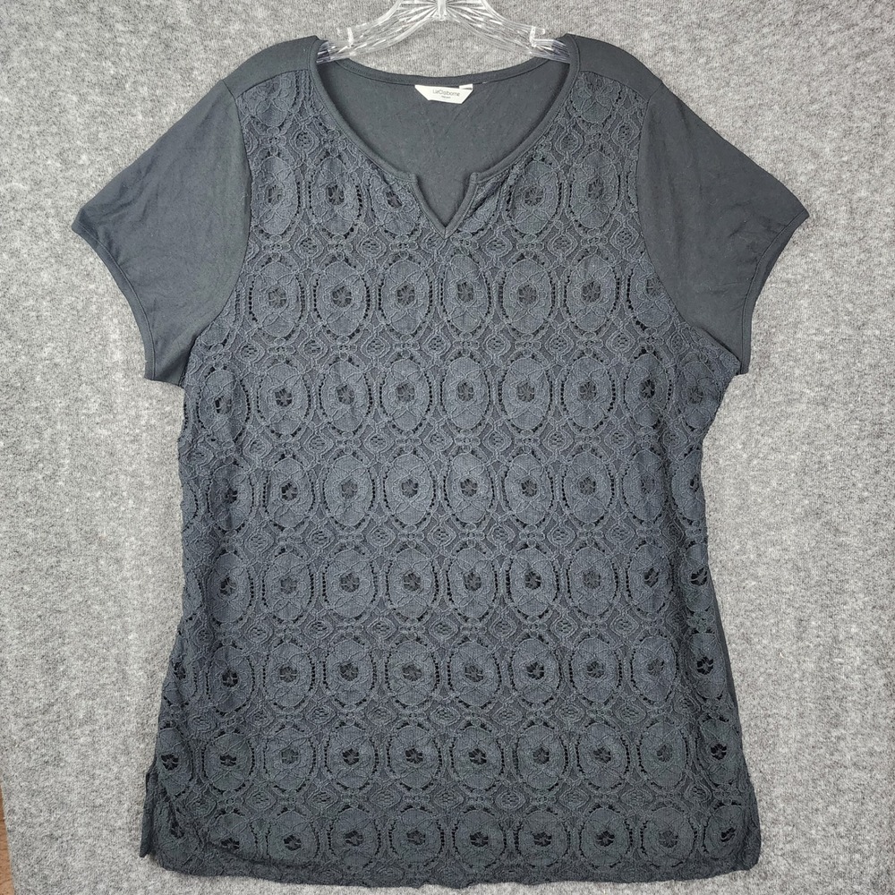 Liz Claiborne Blouse Womens XL Lace Overlay Split Neck Short Sleeve Stretch